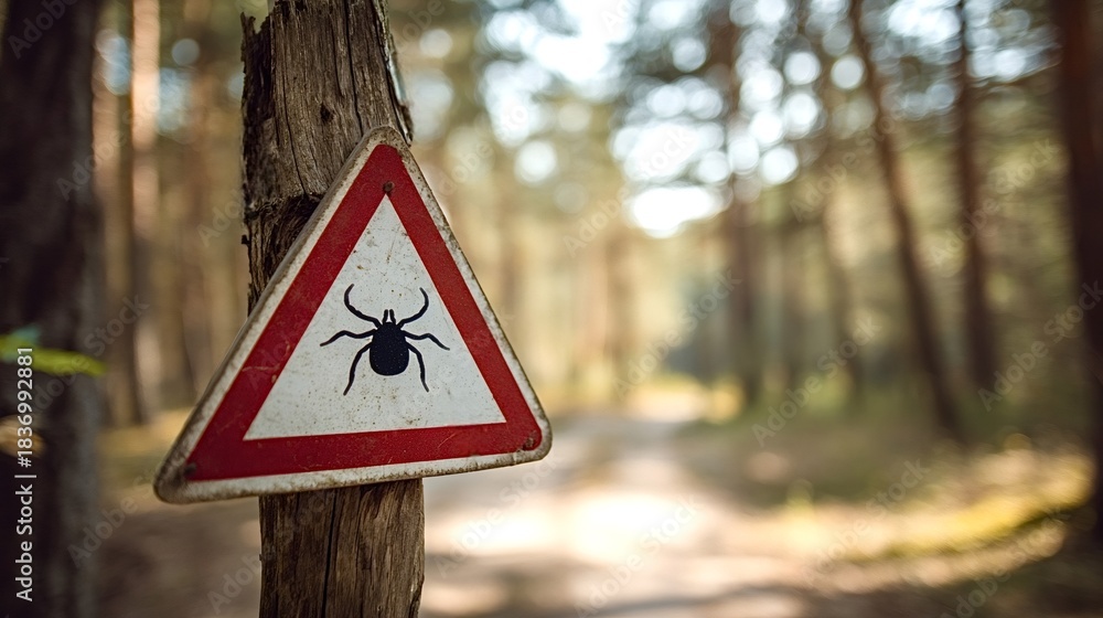 Obraz premium Tick warning sign on a tree trunk along a sunny forest trail, alerting hikers to tick borne disease risk and encouraging caution, prevention and outdoor safety