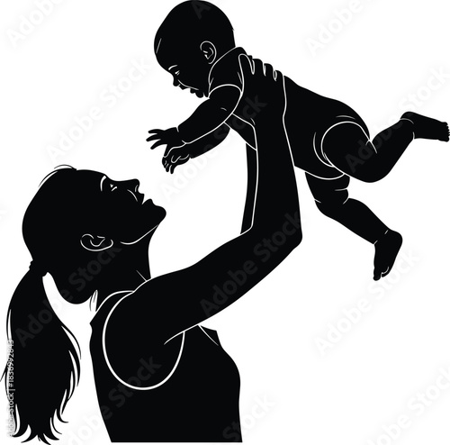Mother lifting baby silhouette, parent child bonding, family love moment, happy motherhood, black vector art, emotional connection, cad drawing flat vector illustration