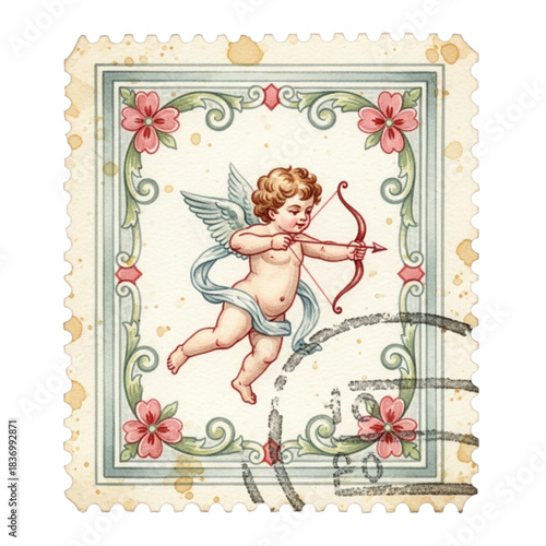 Vintage Cupid Stamp Illustration, Romantic Angel with Bow and Arrow, Valentine's Day Love Symbol, Retro Cherub Art, Decorative Greeting Card Element