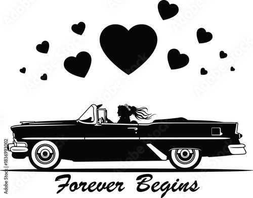 Romantic car ride, wedding couple, heart symbols, convertible silhouette, love journey, forever begins theme, cad drawing flat vector illustration
