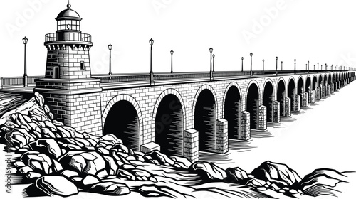 Stone bridge illustration, lighthouse sketch, black and white architecture, historic structure drawing, river crossing design, engineering landmark, cad drawing flat vector illustration