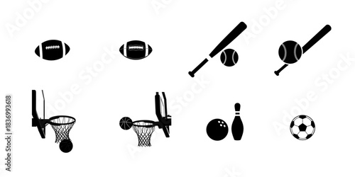 A collection of black and white illustrations depicting various sports equipment including balls, bats, rackets, and bowling pins.