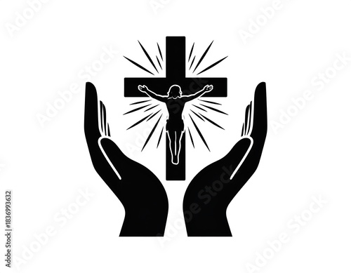 Silhouette illustration of a cross, Christ figure, and hands cupping the cross, all in black
