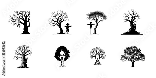 A collection of black and white illustrations featuring bare trees with unsettling figures and faces integrated into their forms.
