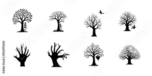 A collection of black silhouette illustrations featuring bare, spooky trees, some with hanging elements or resembling skeletal hands, perfect for Halloween designs.