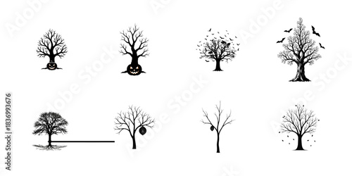 A set of eight distinct, hand-drawn style tree illustrations in black ink on a white background, each with unique branch formations.