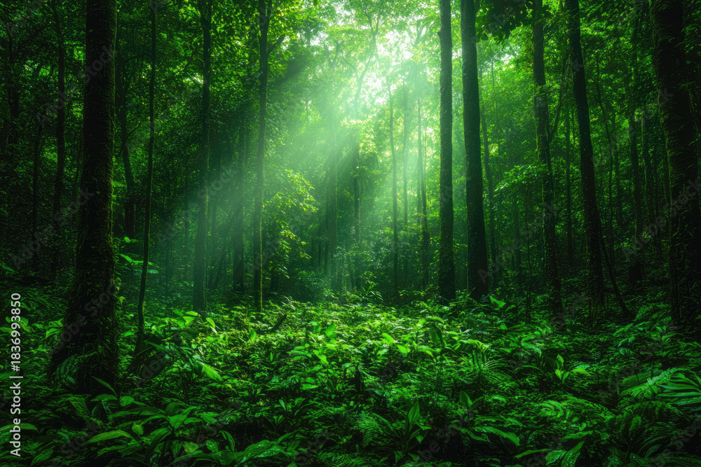 Fototapeta premium Tropical Rainforest Flora Featuring Vines and Trunks