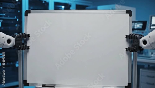 Robotic Hands Display: Futuristic view of robotic arms displaying a whiteboard, emphasizing innovation and blank canvas in a high-tech environment.
