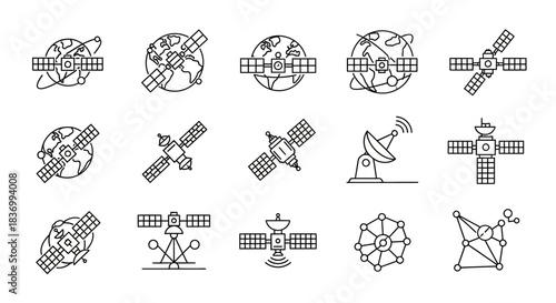 Diverse satellite icons orbiting Earth and representing communication networks, perfect for tech and space exploration projects