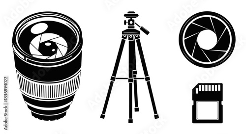 Professional photography equipment icons including camera lens aperture tripod and SD card for creative projects and media production