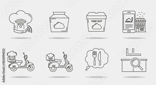 Dynamic food delivery icons showcasing smart ordering, take out, scooters, and search for delicious meals
