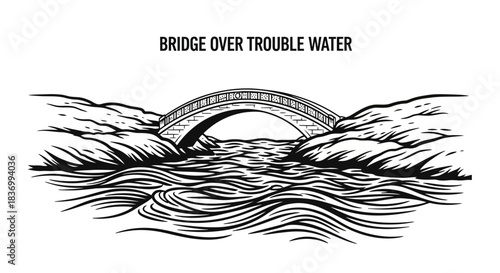 Symbolic bridge gracefully arches over turbulent waters representing overcoming challenges and finding a path forward with strength and resilience