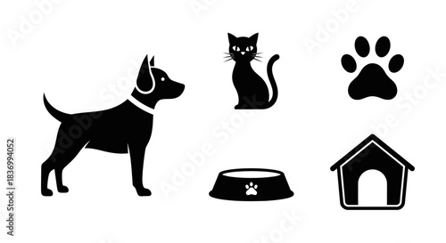 Adorable dog, playful cat, and essential pet care icons create a charming collection for animal lovers and pet businesses seeking delightful visuals.