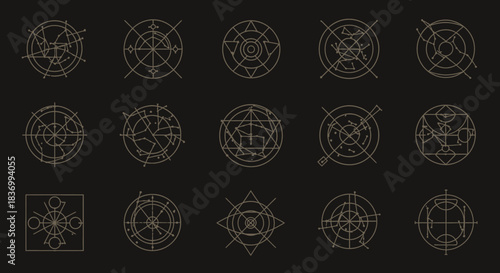 Mystical circular glyphs and arcane symbols collection for fantasy game design, occult rituals, and spiritual branding projects