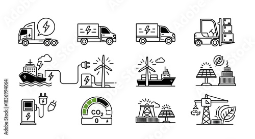 Dynamic icons showcase sustainable transport electric vehicles renewable energy sources and environmental protection initiatives for modern business solutions