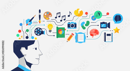 Brainstorming innovation, creativity, and inspiration with colorful icons flowing from a man's head, symbolizing ideas and thought processes.