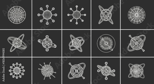 Abstract geometric shapes and orbital systems, perfect for science, technology, and innovation concepts, offering a modern, dynamic visual.