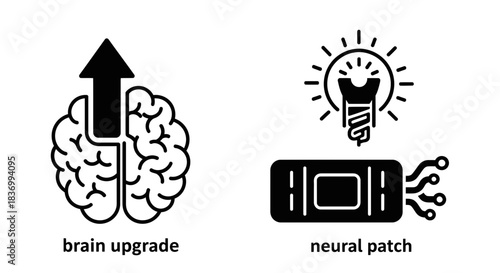 Futuristic brain upgrade and neural patch icons symbolize cognitive enhancement and technological innovation in science and medicine