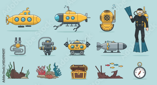 Explore the ocean depths with submarines, divers, treasure, and ancient shipwrecks, perfect for adventure and exploration projects.