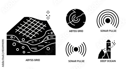 Modern scientific icons depicting deep sea exploration sonar pulses and abyss grid mapping for innovative research and discovery