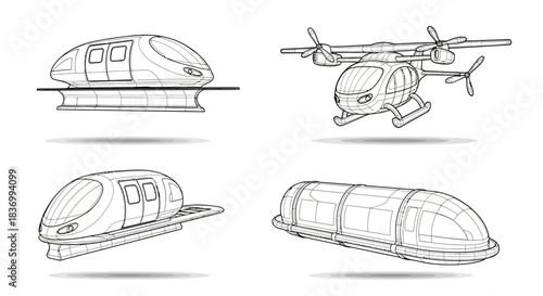 Futuristic transport concepts featuring sleek hyperloop trains and an advanced drone vehicle, envisioning next-generation travel and innovation