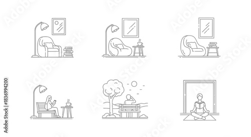 Serene moments of relaxation and personal growth captured in clean, modern line art style perfect for wellness and lifestyle concepts