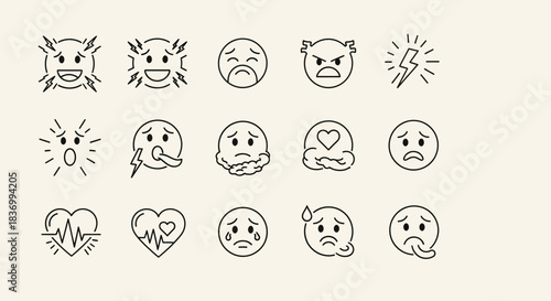 Diverse collection of expressive emoji icons depicting a range of emotions from joy and excitement to sadness and stress, perfect for digital communication.