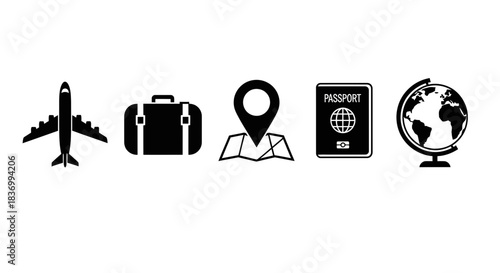 Essential travel icons including airplane, suitcase, map pin, passport, and globe, perfect for global exploration and adventure