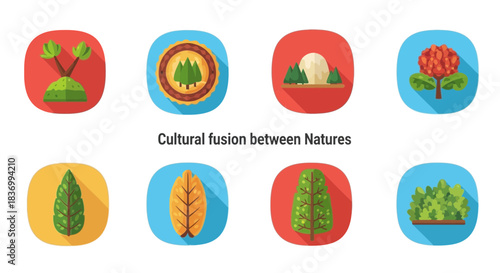 Vibrant flat design icons featuring diverse plant life, perfect for nature, ecology, and environmental concepts, a fresh visual appeal