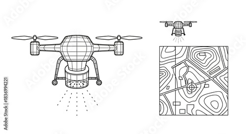 Drone surveying land with advanced mapping technology, showcasing detailed topographic data and aerial analysis for urban planning and environmental studies