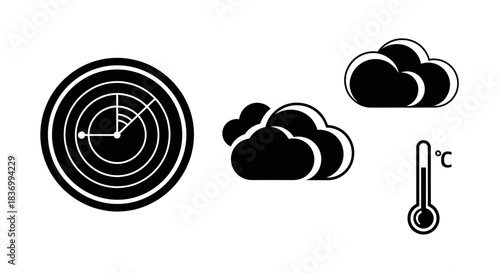 Weather forecast icons featuring radar, clouds, and thermometer, perfect for climate science, meteorology, and environmental reports with clear visual communication