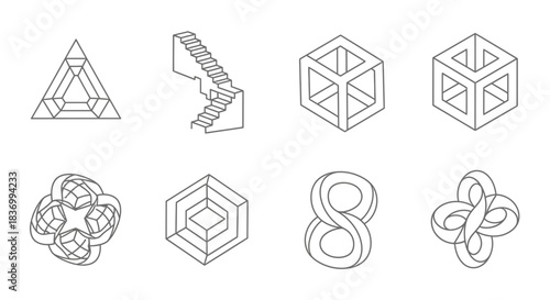 Geometric optical illusions and impossible shapes rendered in a clean, modern design for creative concepts and design projects