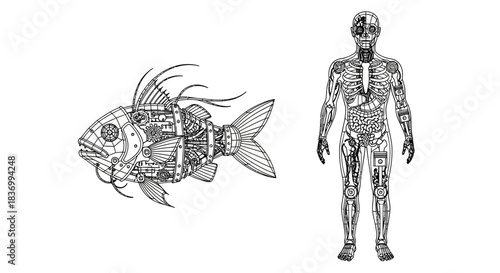 Steampunk fish and human anatomy illustration with intricate mechanical details, perfect for innovative design projects, conveying creative concepts