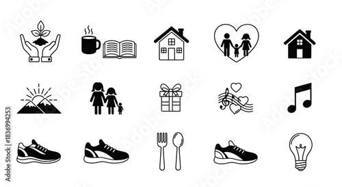 Collection of lifestyle icons representing home, family, hobbies, nature, and everyday objects, perfect for design needs