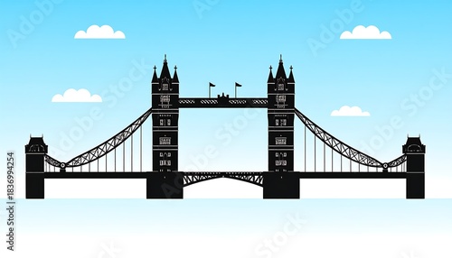Silhouette illustration of a famous bridge with iconic towers against a blue sky with fluffy clouds