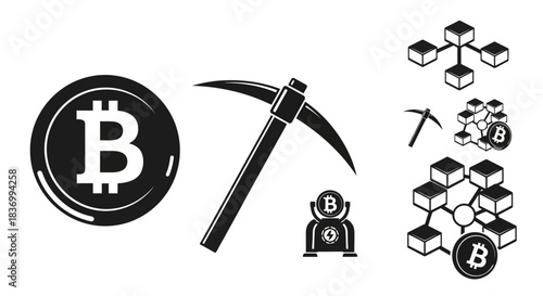 Bitcoin mining and blockchain technology concepts illustrated with various icons, perfect for crypto and finance visuals
