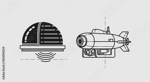 Modern submarine design and sonar system concept for underwater exploration, scientific research, and marine technology development
