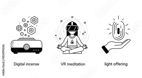 Modern wellness concepts visualized through digital incense, VR meditation, and a light offering for spiritual well-being and mindful living