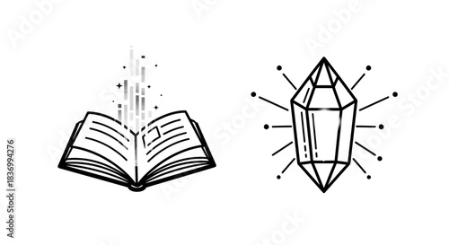 Open book with magic emanating and radiant crystal symbol, perfect for mystical design projects, spiritual themes, and fantasy concepts