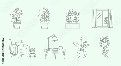 Minimalist line art illustration featuring potted plants, armchair, reading lamp, coffee table, and window in a modern home interior