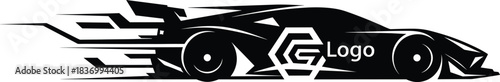 Sports car silhouette icon vector—black racing car with motion flames and G emblem for speed, branding, and automotive themes