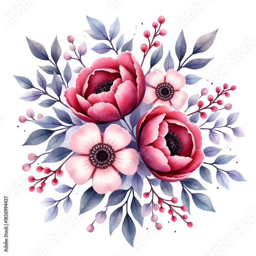 Winter Floral Watercolor Bouquet Clipart – Neon Crimson, Icy Teal, Frosty Mint, Snow-White Petals, Holly Berries & Winter Greens – Hand-Painted, Isolated PNG Elements