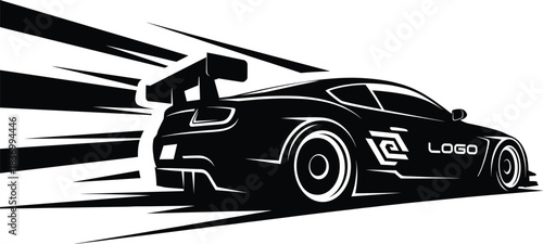 Rear-view sports car icon vector—black silhouette with motion lines and logo space for racing, branding, and automotive themes