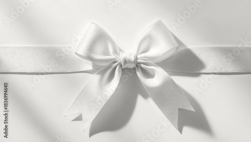 White silk ribbon bow tied, creating clean monochrome gift wrapping or celebration background. Modern trendy tone hue shade color of the year 2026