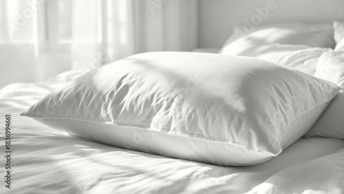 White pillow sitting on a bed with soft natural light streaming in, representing comfort and sleep. Modern trendy tone hue shade color of the year 2026