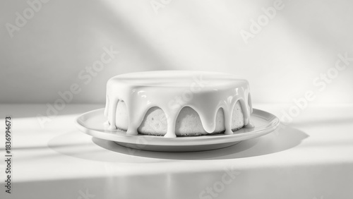 Glazed round white cake on a plate displaying clean design and flowing icing. Modern trendy tone hue shade color of the year 2026
