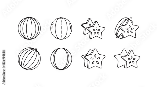 Sketch style fruit icons watermelon slices and star fruit collection vector
