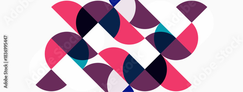 Abstract geometric pattern. Overlapping circles create dynamic composition. Pink, purple, navy hues dominate white background. Modern design element.