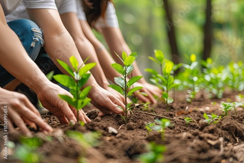 Hands Planting Saplings In Forest Soil