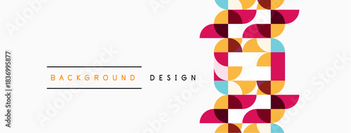 Abstract geometric pattern. Colorful overlapping circles create dynamic visual effect. Minimalist design with text elements present.